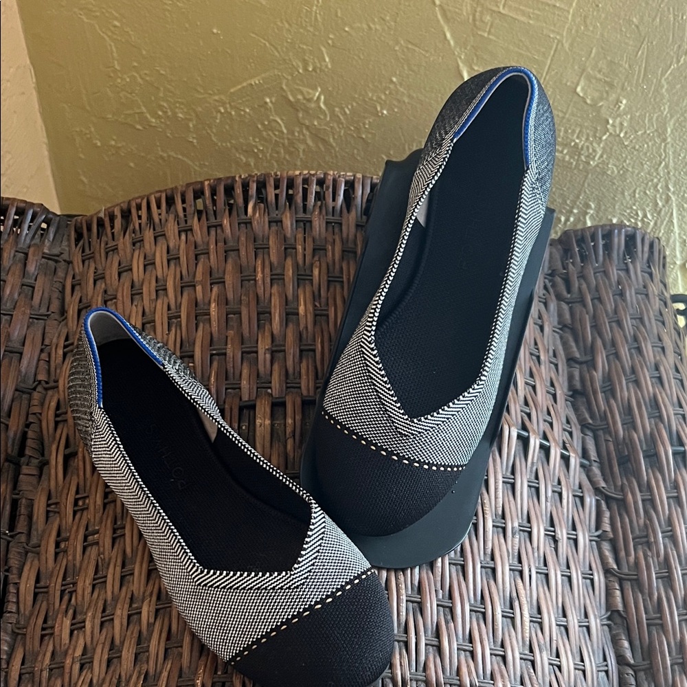 Rothy's Black and Gray Flats with Blue Trim
